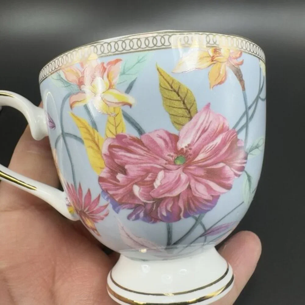 Shabby Chic Fine Porcelain Teacup And Saucer‎ Set Tea Cup Plate Blue Floral Bird